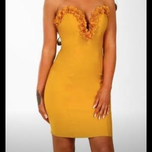 Mustard Flower Trim Plunge Mini Dress